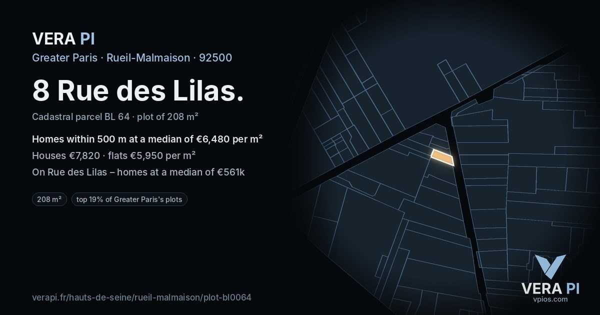 8 Rue des Lilas, Rueil-Malmaison at night – the plot lit, the parcels around coloured by the prices near them
