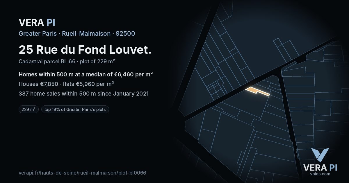 25 Rue du Fond Louvet, Rueil-Malmaison at night – the plot lit, the parcels around coloured by the prices near them