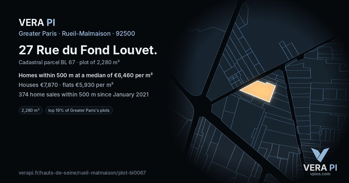 27 Rue du Fond Louvet, Rueil-Malmaison at night – the plot lit, the parcels around coloured by the prices near them