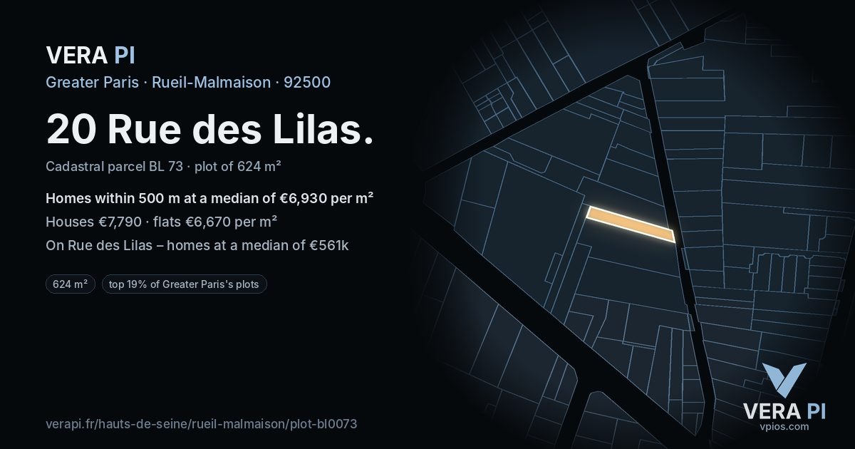 20 Rue des Lilas, Rueil-Malmaison at night – the plot lit, the parcels around coloured by the prices near them