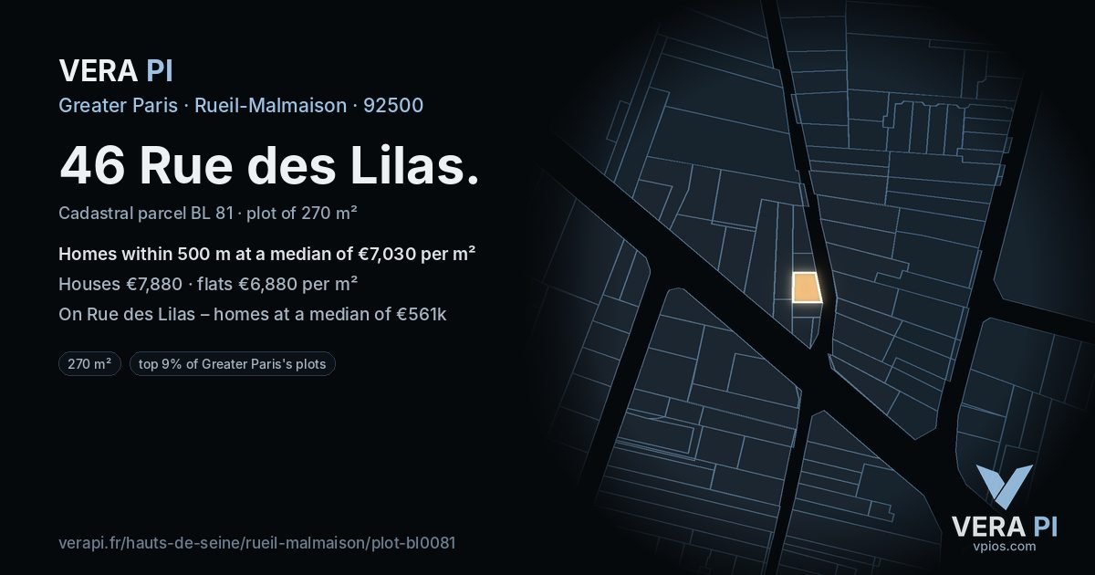 46 Rue des Lilas, Rueil-Malmaison at night – the plot lit, the parcels around coloured by the prices near them
