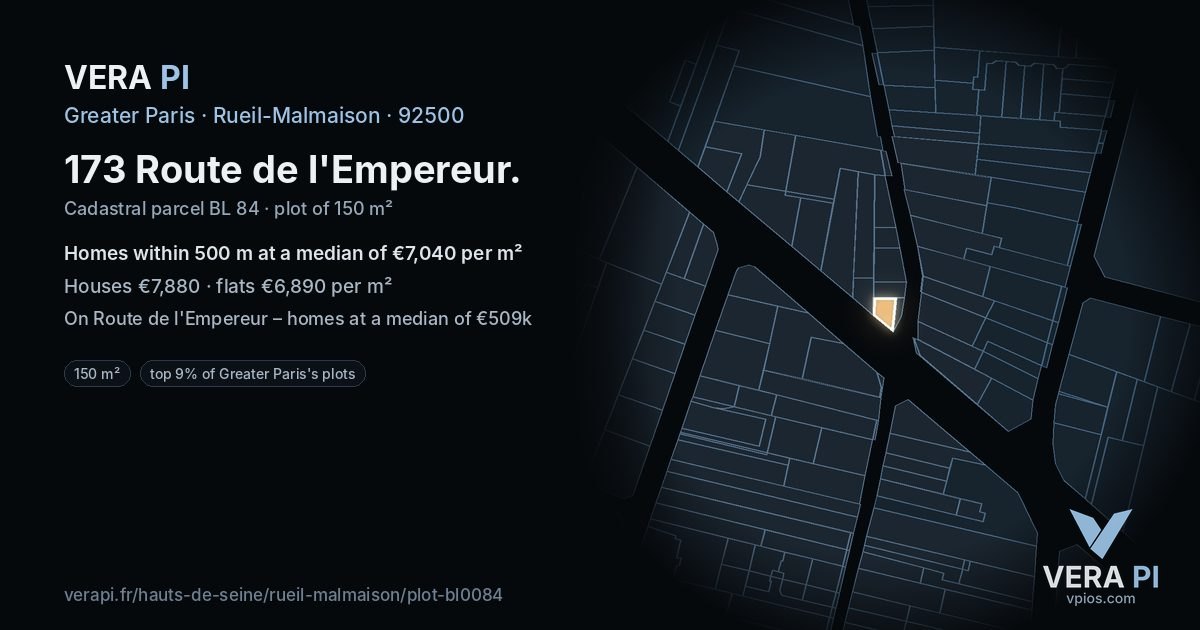173 Route de l'Empereur, Rueil-Malmaison at night – the plot lit, the parcels around coloured by the prices near them