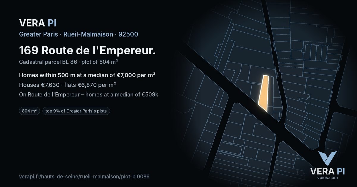 169 Route de l'Empereur, Rueil-Malmaison at night – the plot lit, the parcels around coloured by the prices near them