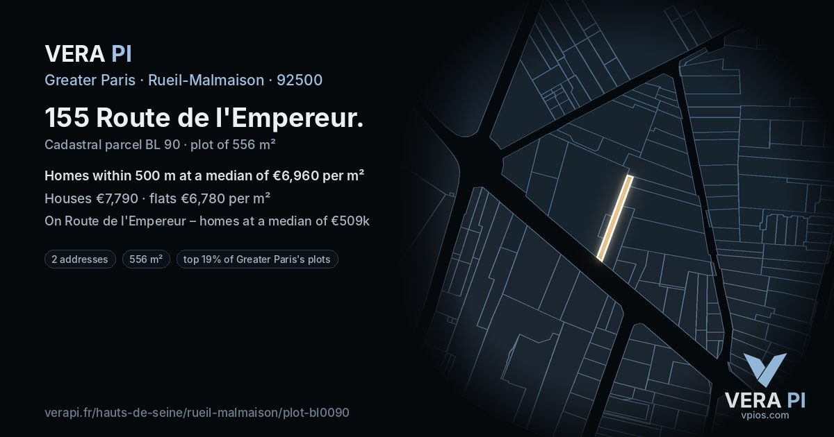 155 Route de l'Empereur, Rueil-Malmaison at night – the plot lit, the parcels around coloured by the prices near them