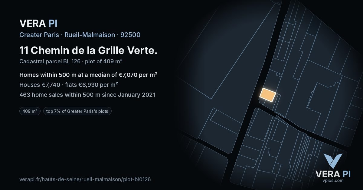 11 Chemin de la Grille Verte, Rueil-Malmaison at night – the plot lit, the parcels around coloured by the prices near them