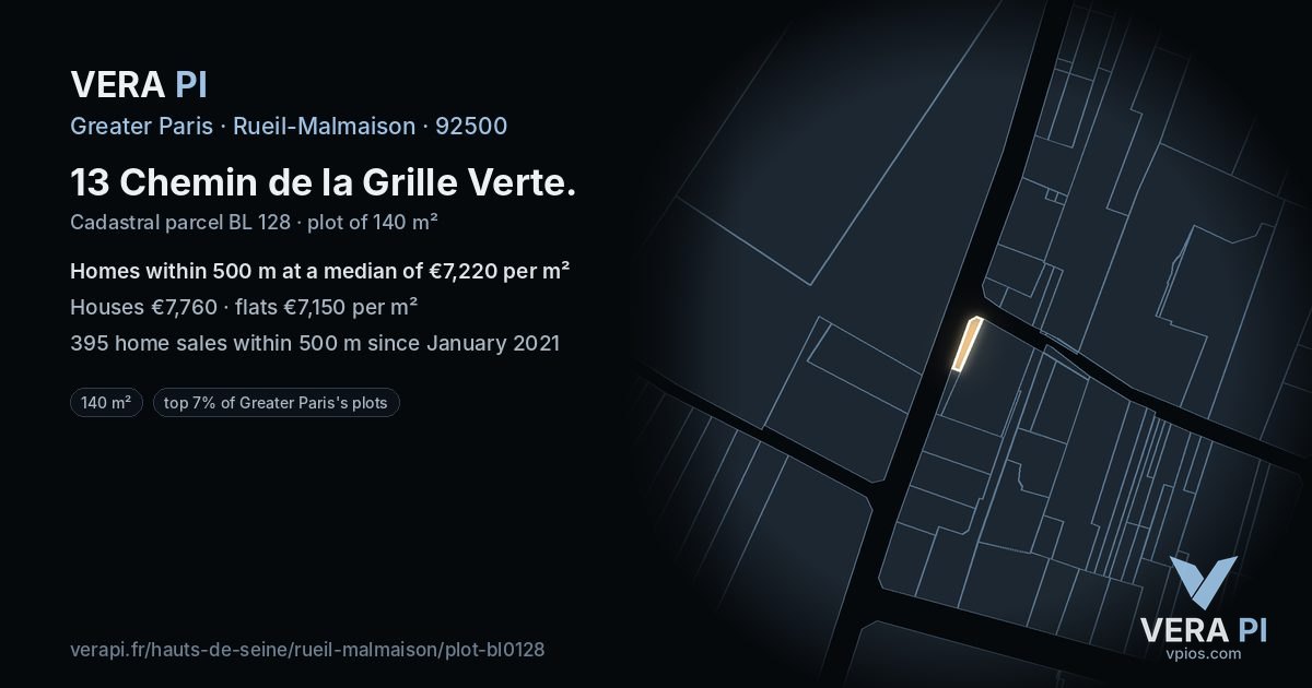 13 Chemin de la Grille Verte, Rueil-Malmaison at night – the plot lit, the parcels around coloured by the prices near them