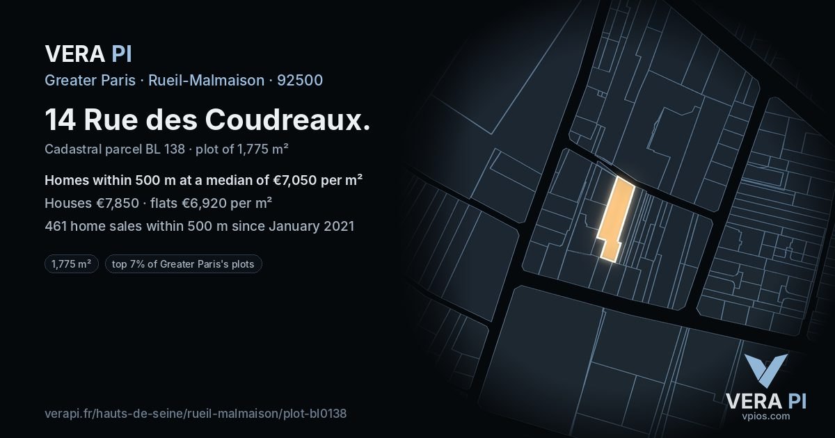 14 Rue des Coudreaux, Rueil-Malmaison at night – the plot lit, the parcels around coloured by the prices near them