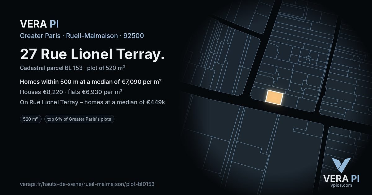 27 Rue Lionel Terray, Rueil-Malmaison at night – the plot lit, the parcels around coloured by the prices near them