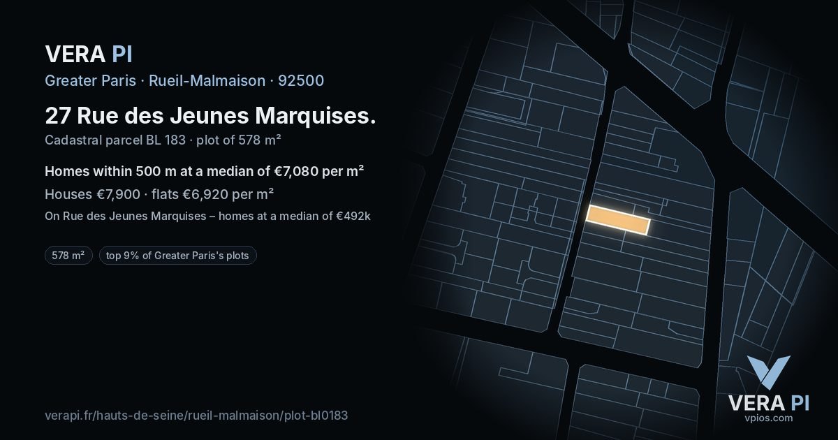 27 Rue des Jeunes Marquises, Rueil-Malmaison at night – the plot lit, the parcels around coloured by the prices near them