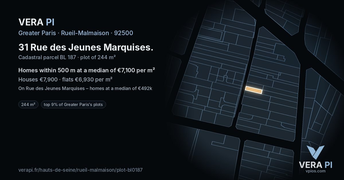 31 Rue des Jeunes Marquises, Rueil-Malmaison at night – the plot lit, the parcels around coloured by the prices near them