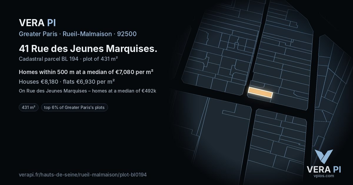 41 Rue des Jeunes Marquises, Rueil-Malmaison at night – the plot lit, the parcels around coloured by the prices near them