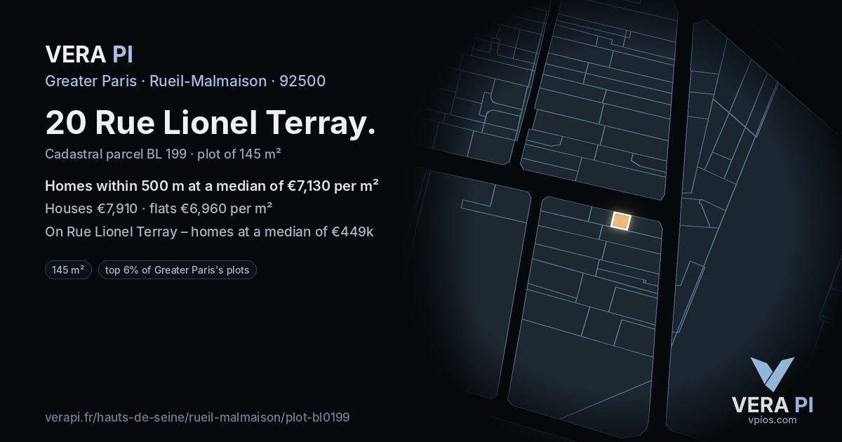 20 Rue Lionel Terray, Rueil-Malmaison at night – the plot lit, the parcels around coloured by the prices near them