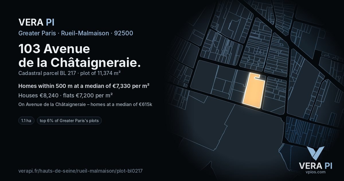103 Avenue de la Châtaigneraie, Rueil-Malmaison at night – the plot lit, the parcels around coloured by the prices near them
