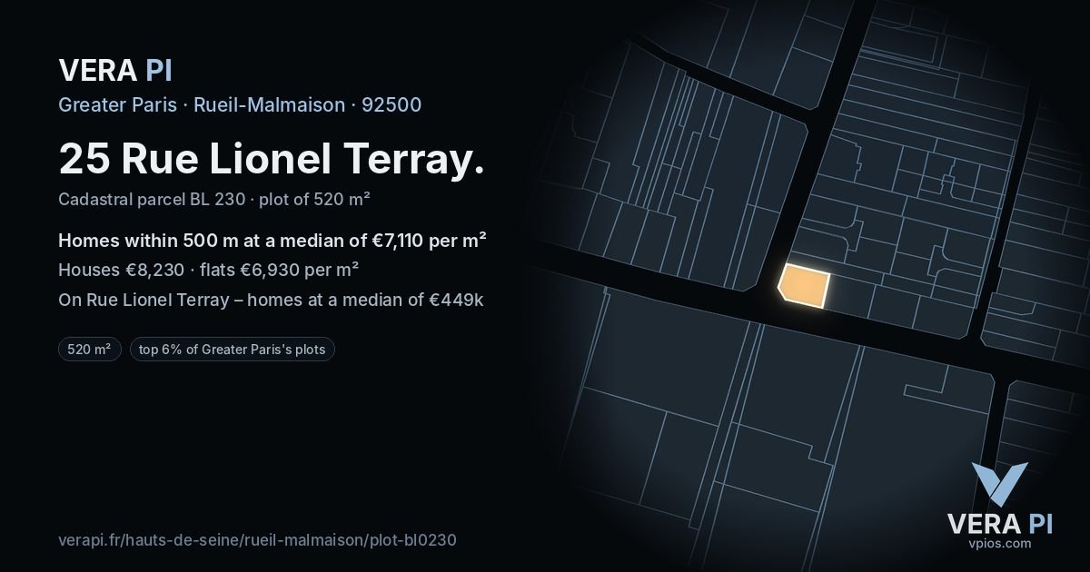 25 Rue Lionel Terray, Rueil-Malmaison at night – the plot lit, the parcels around coloured by the prices near them