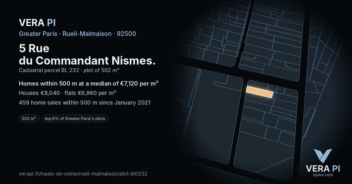 5 Rue du Commandant Nismes, Rueil-Malmaison at night – the plot lit, the parcels around coloured by the prices near them