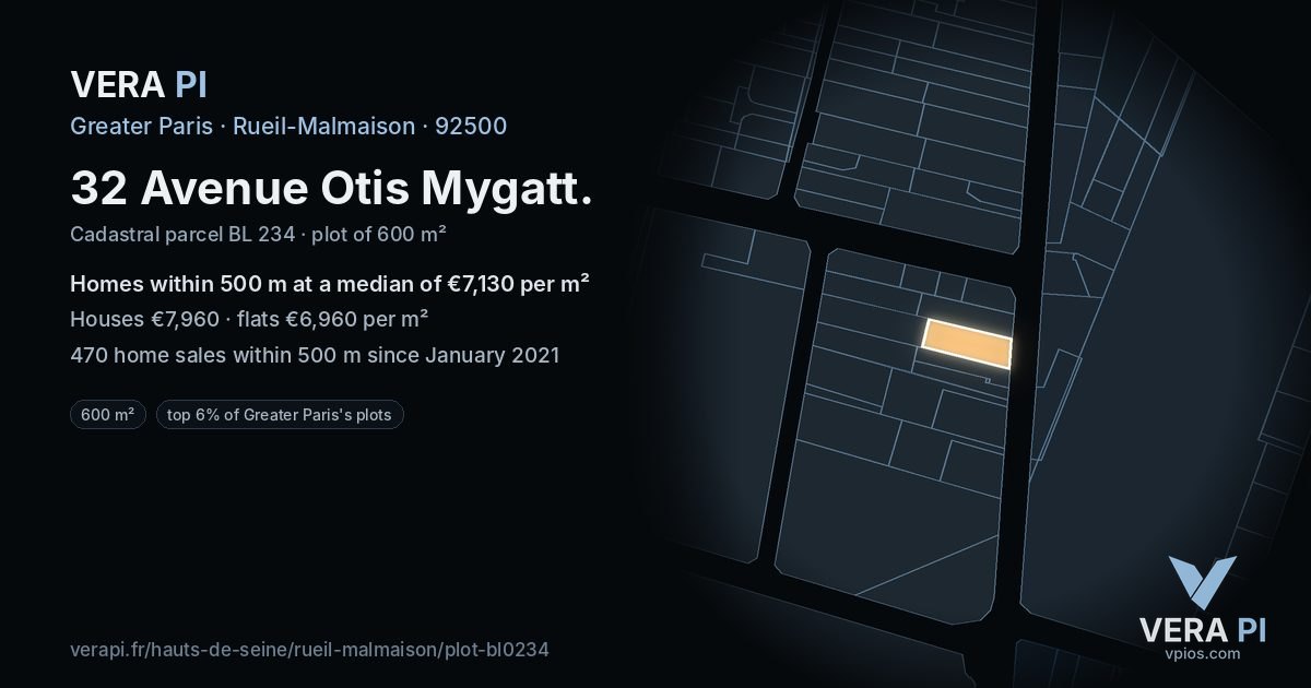 32 Avenue Otis Mygatt, Rueil-Malmaison at night – the plot lit, the parcels around coloured by the prices near them