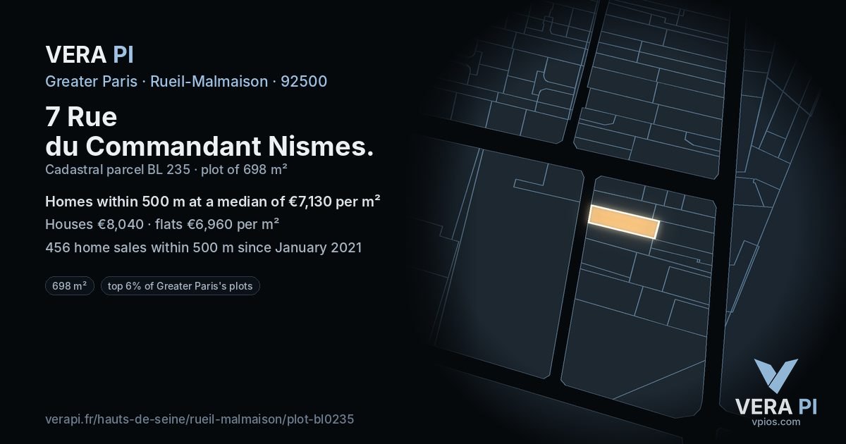 7 Rue du Commandant Nismes, Rueil-Malmaison at night – the plot lit, the parcels around coloured by the prices near them