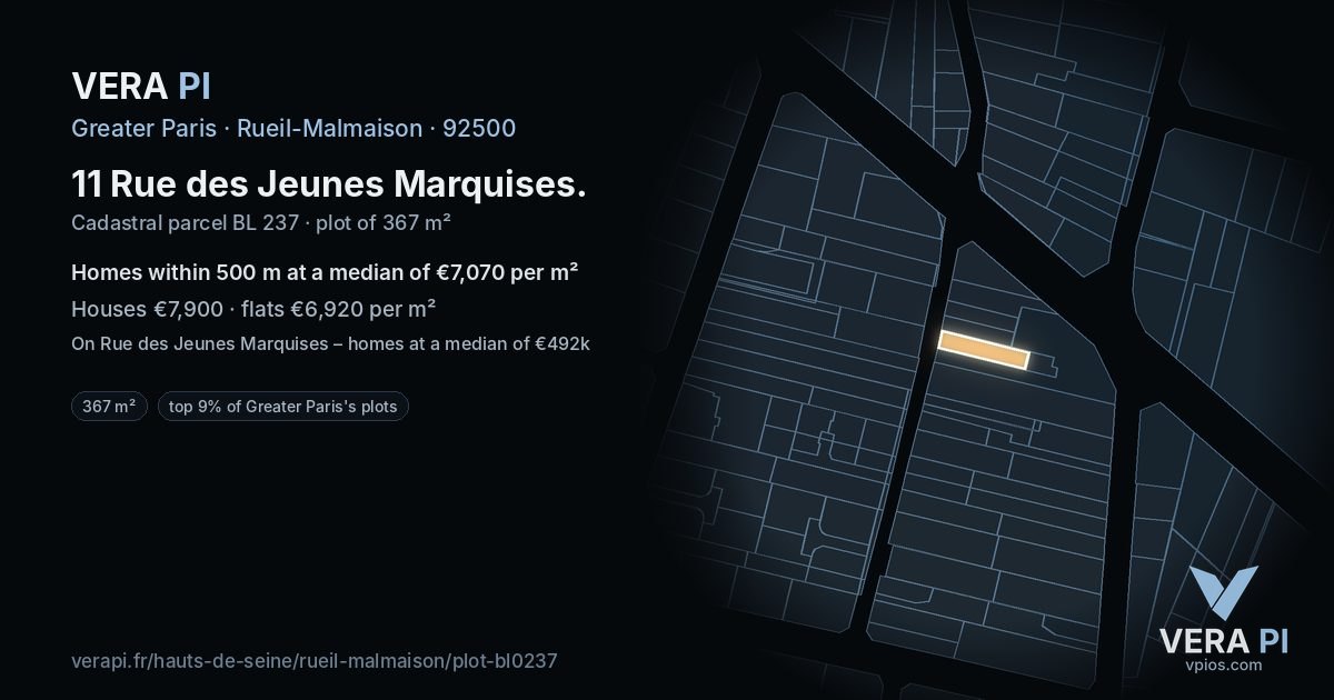11 Rue des Jeunes Marquises, Rueil-Malmaison at night – the plot lit, the parcels around coloured by the prices near them