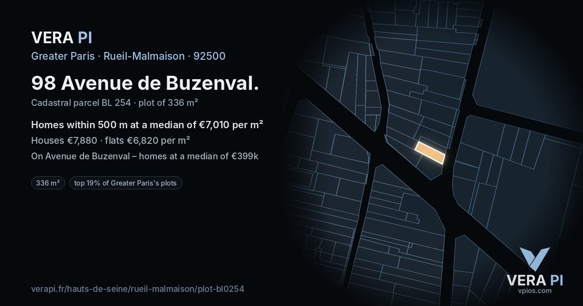 98 Avenue de Buzenval, Rueil-Malmaison at night – the plot lit, the parcels around coloured by the prices near them