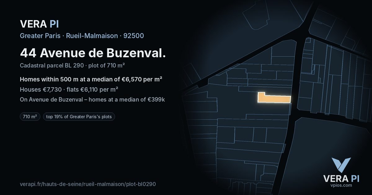 44 Avenue de Buzenval, Rueil-Malmaison at night – the plot lit, the parcels around coloured by the prices near them