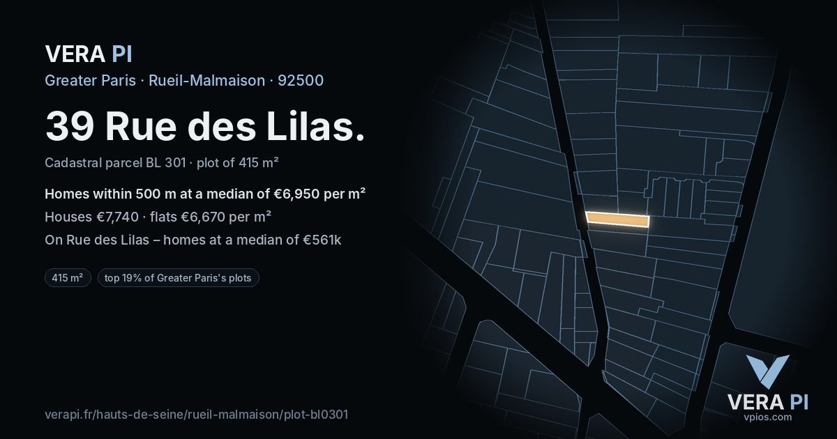 39 Rue des Lilas, Rueil-Malmaison at night – the plot lit, the parcels around coloured by the prices near them
