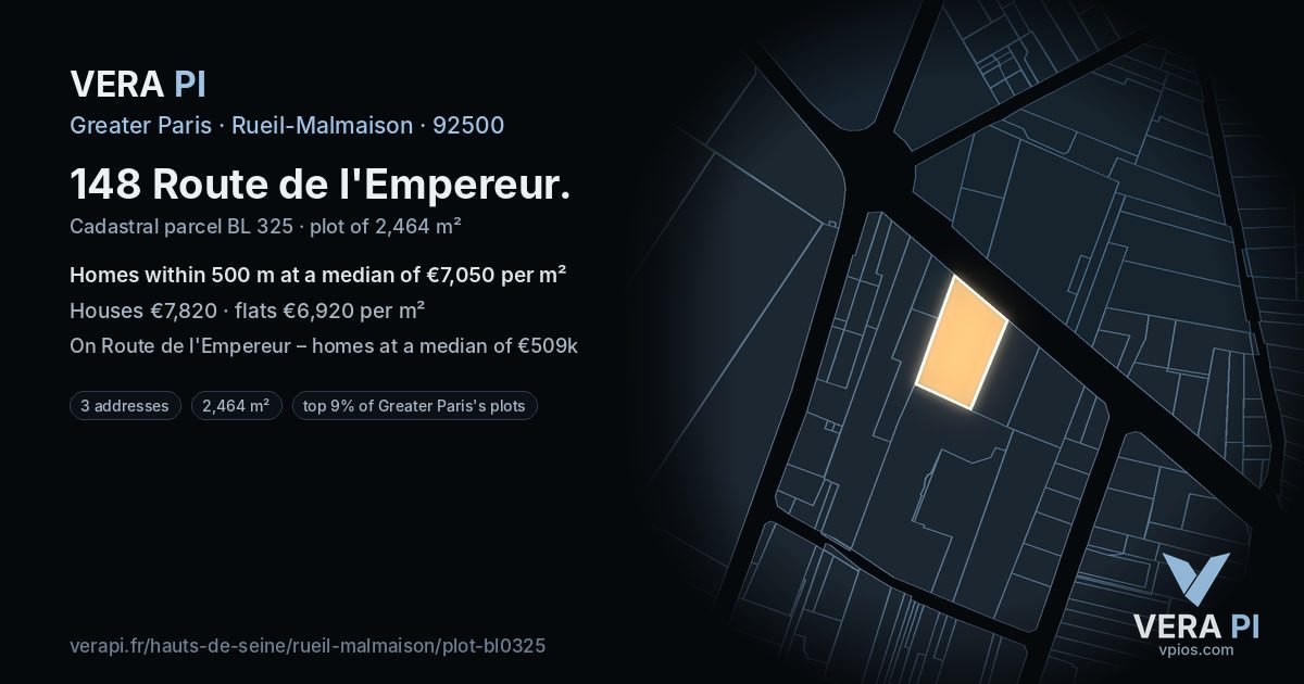 148 Route de l'Empereur, Rueil-Malmaison at night – the plot lit, the parcels around coloured by the prices near them