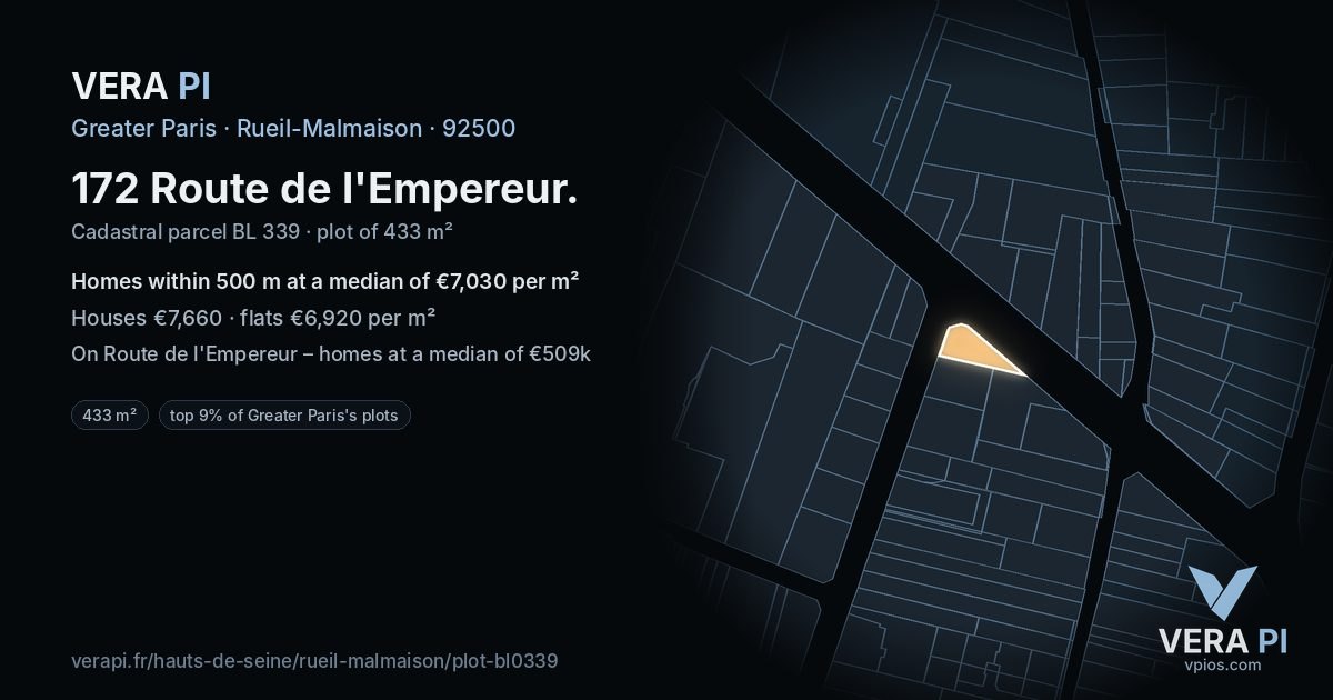 172 Route de l'Empereur, Rueil-Malmaison at night – the plot lit, the parcels around coloured by the prices near them