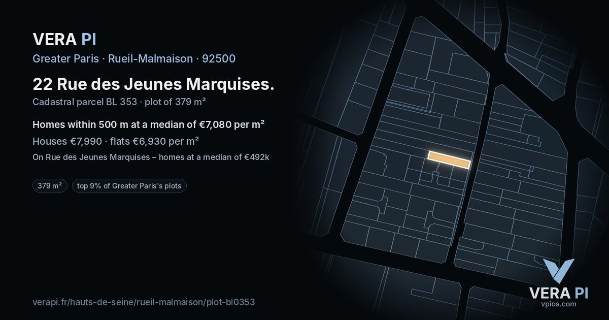 22 Rue des Jeunes Marquises, Rueil-Malmaison at night – the plot lit, the parcels around coloured by the prices near them