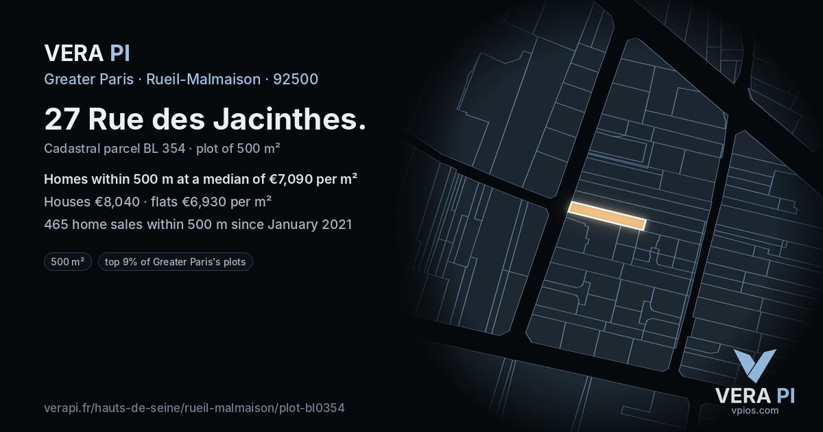 27 Rue des Jacinthes, Rueil-Malmaison at night – the plot lit, the parcels around coloured by the prices near them