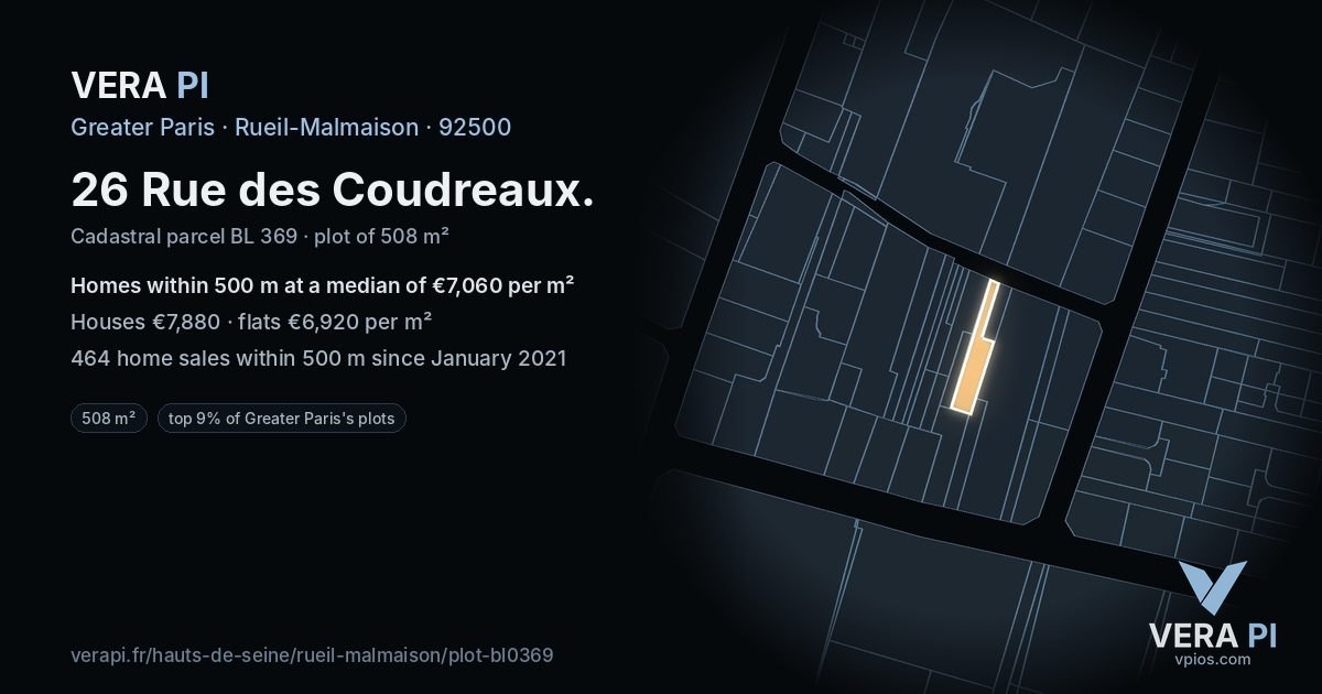 26 Rue des Coudreaux, Rueil-Malmaison at night – the plot lit, the parcels around coloured by the prices near them