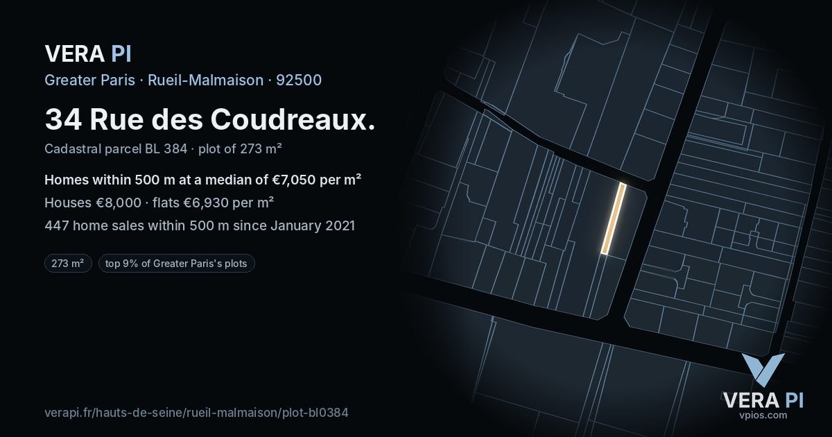 34 Rue des Coudreaux, Rueil-Malmaison at night – the plot lit, the parcels around coloured by the prices near them