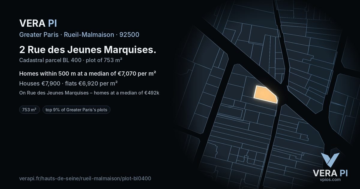 2 Rue des Jeunes Marquises, Rueil-Malmaison at night – the plot lit, the parcels around coloured by the prices near them