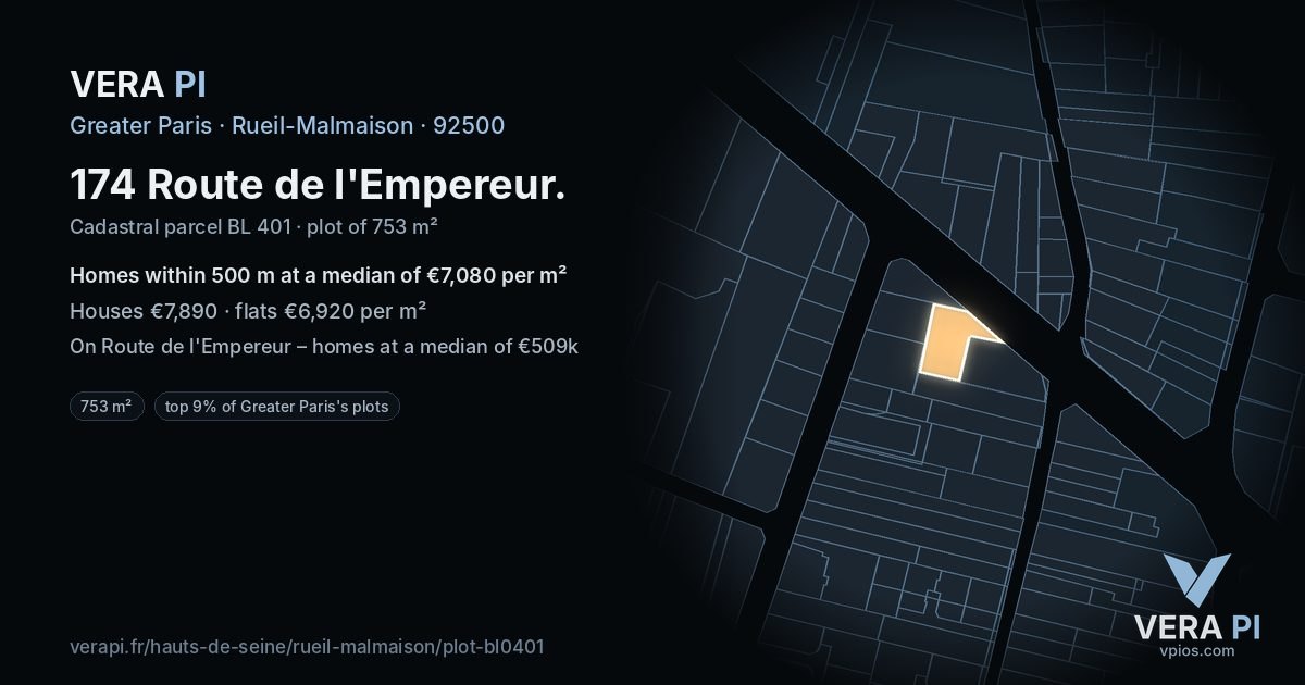 174 Route de l'Empereur, Rueil-Malmaison at night – the plot lit, the parcels around coloured by the prices near them