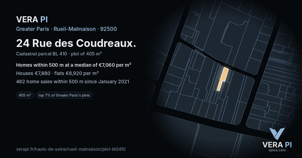 24 Rue des Coudreaux, Rueil-Malmaison at night – the plot lit, the parcels around coloured by the prices near them