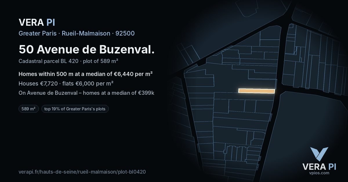 50 Avenue de Buzenval, Rueil-Malmaison at night – the plot lit, the parcels around coloured by the prices near them