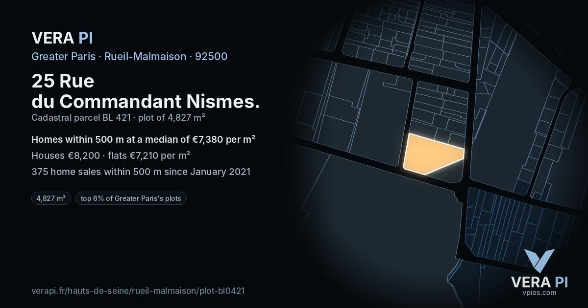 25 Rue du Commandant Nismes, Rueil-Malmaison at night – the plot lit, the parcels around coloured by the prices near them
