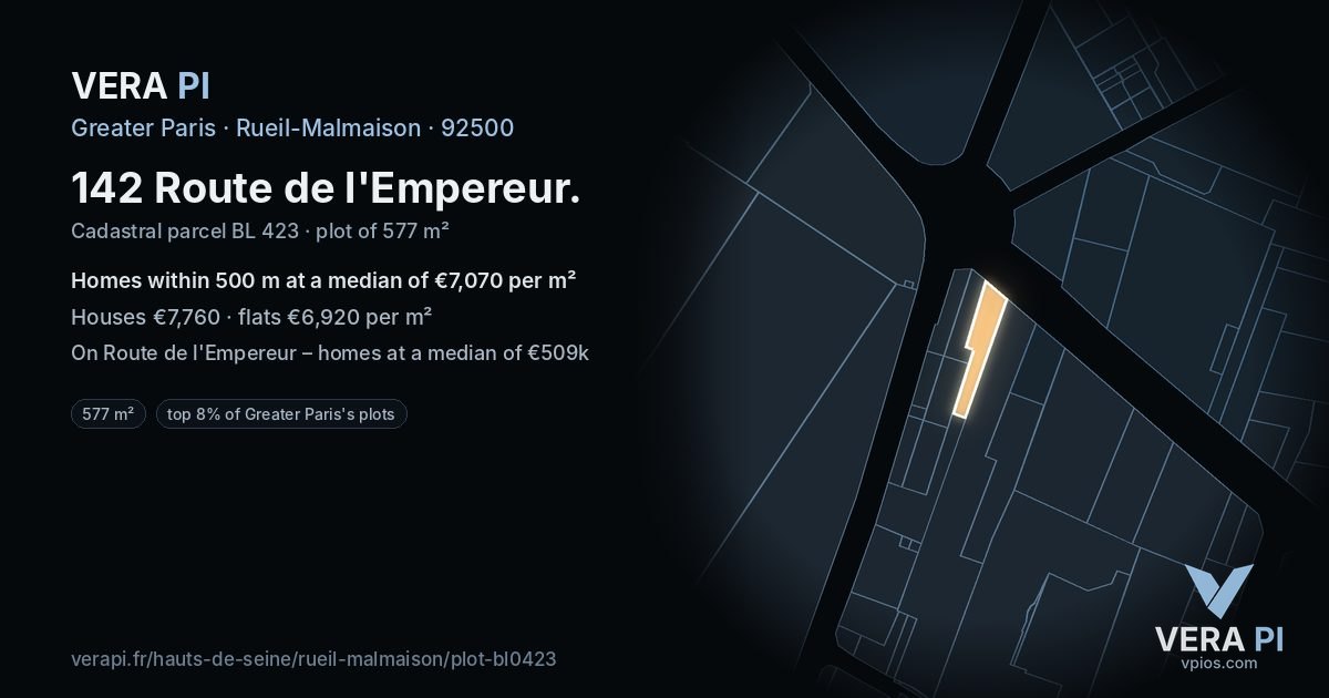 142 Route de l'Empereur, Rueil-Malmaison at night – the plot lit, the parcels around coloured by the prices near them