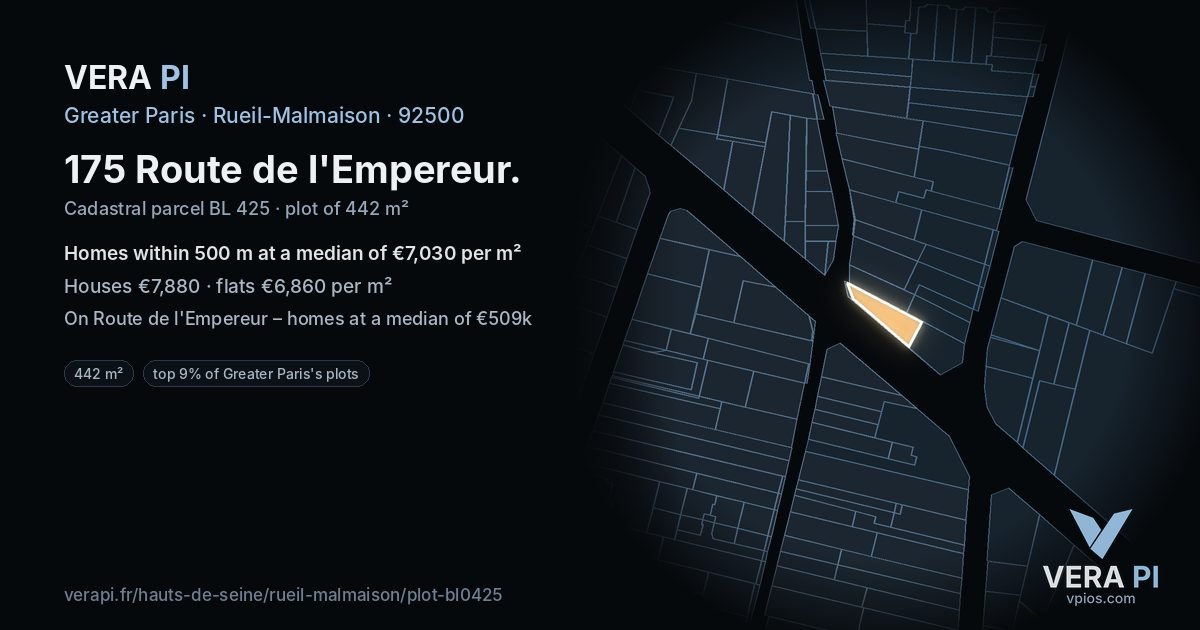 175 Route de l'Empereur, Rueil-Malmaison at night – the plot lit, the parcels around coloured by the prices near them