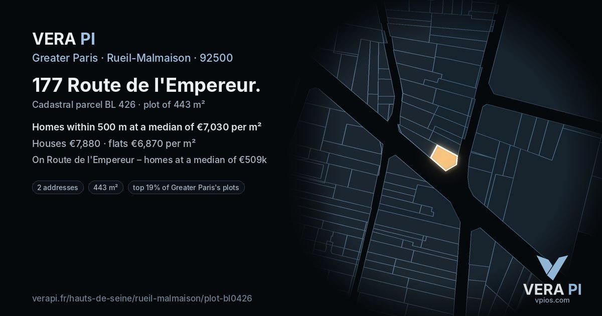 177 Route de l'Empereur, Rueil-Malmaison at night – the plot lit, the parcels around coloured by the prices near them