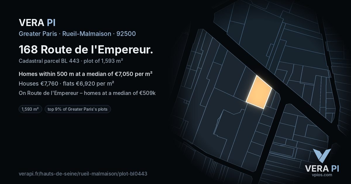 168 Route de l'Empereur, Rueil-Malmaison at night – the plot lit, the parcels around coloured by the prices near them