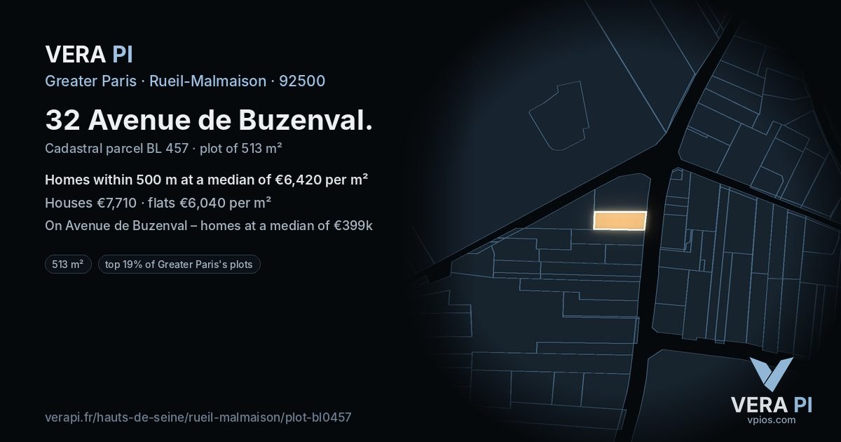 32 Avenue de Buzenval, Rueil-Malmaison at night – the plot lit, the parcels around coloured by the prices near them