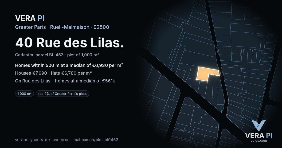 40 Rue des Lilas, Rueil-Malmaison at night – the plot lit, the parcels around coloured by the prices near them