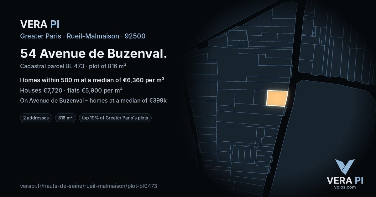 54 Avenue de Buzenval, Rueil-Malmaison at night – the plot lit, the parcels around coloured by the prices near them