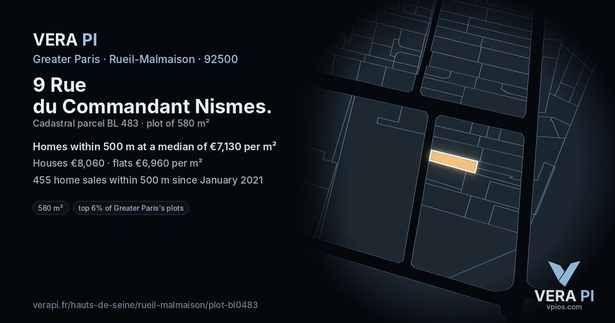 9 Rue du Commandant Nismes, Rueil-Malmaison at night – the plot lit, the parcels around coloured by the prices near them