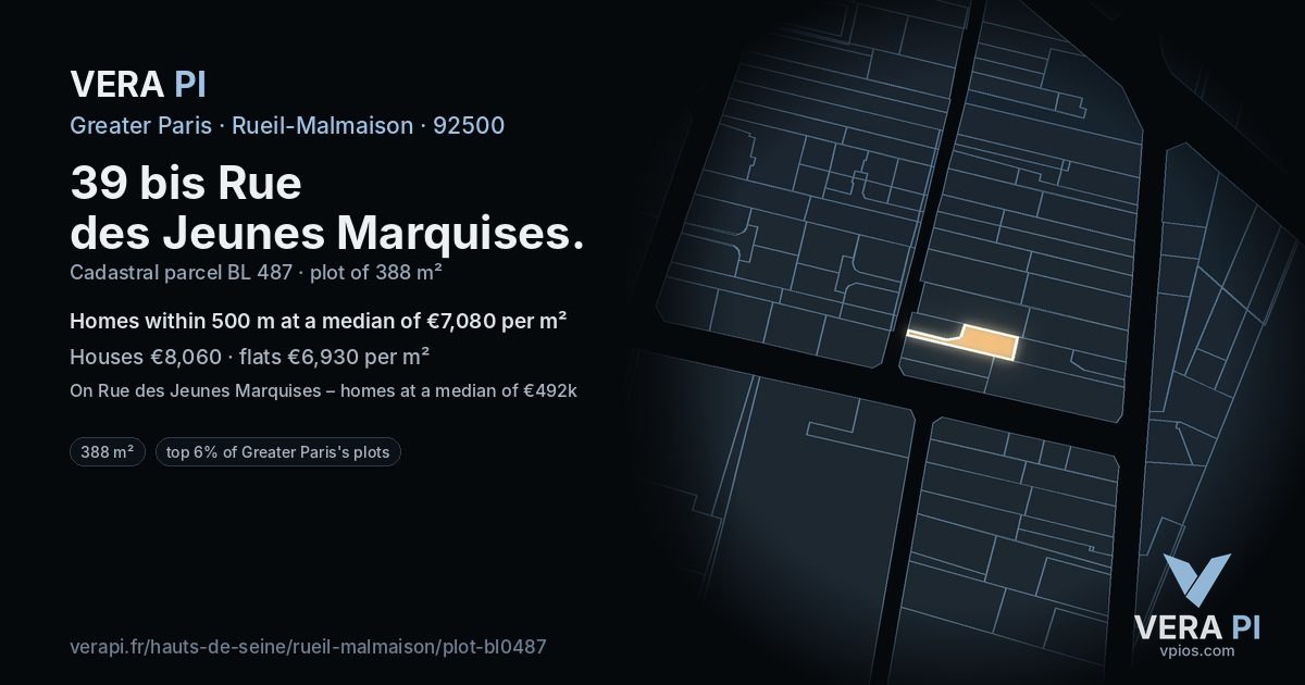 39 bis Rue des Jeunes Marquises, Rueil-Malmaison at night – the plot lit, the parcels around coloured by the prices near them
