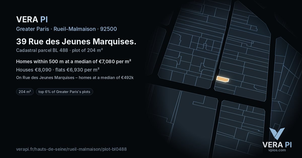 39 Rue des Jeunes Marquises, Rueil-Malmaison at night – the plot lit, the parcels around coloured by the prices near them
