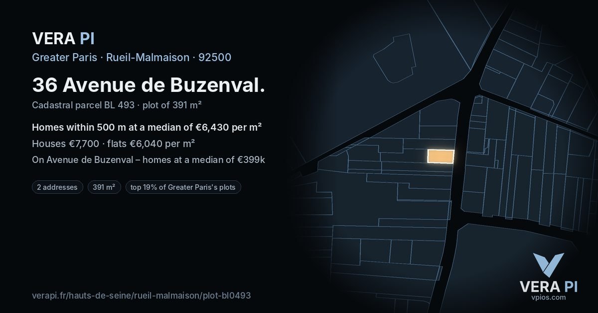 36 Avenue de Buzenval, Rueil-Malmaison at night – the plot lit, the parcels around coloured by the prices near them