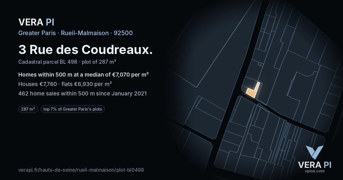 3 Rue des Coudreaux, Rueil-Malmaison at night – the plot lit, the parcels around coloured by the prices near them