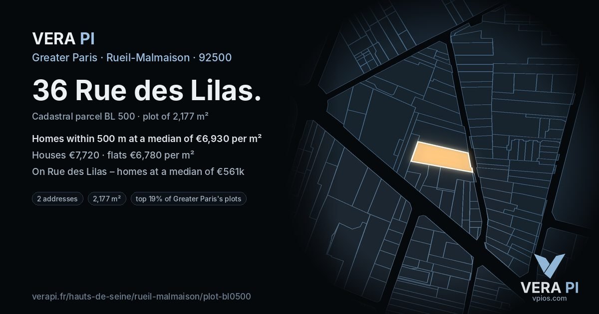 36 Rue des Lilas, Rueil-Malmaison at night – the plot lit, the parcels around coloured by the prices near them
