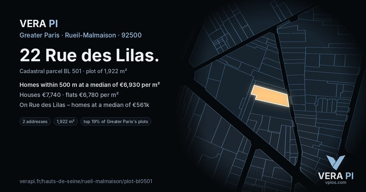 22 Rue des Lilas, Rueil-Malmaison at night – the plot lit, the parcels around coloured by the prices near them